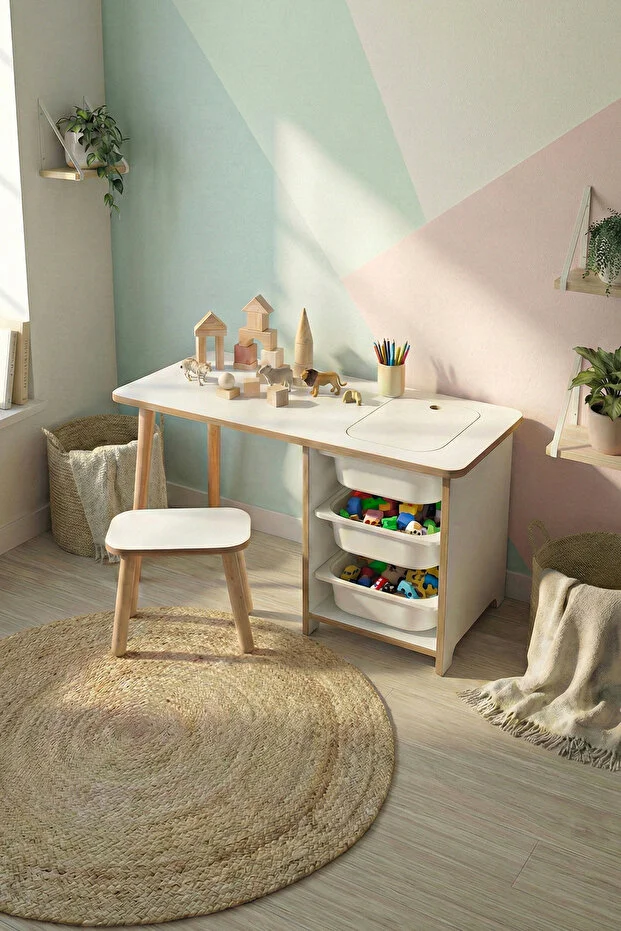 Çocuk Çalışma Masası Oyun Masası Etkinlik Masası Aktivite Masası Seti 1 Masa + 1 Tabure Beyaz